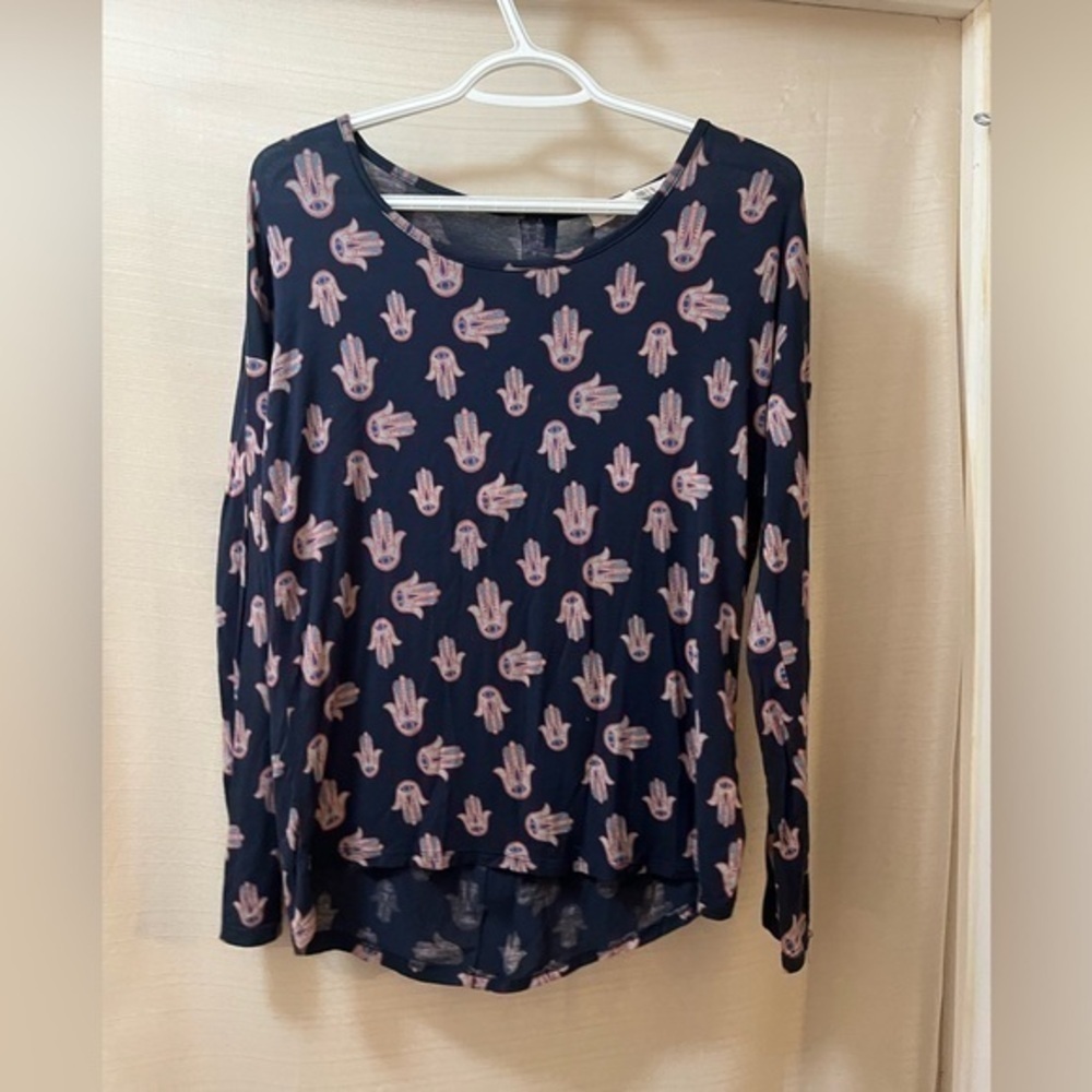 Pink Rose Hamsa Evil Eye Boho Witchy Long Sleeve Graphic Print Back Zip Top S